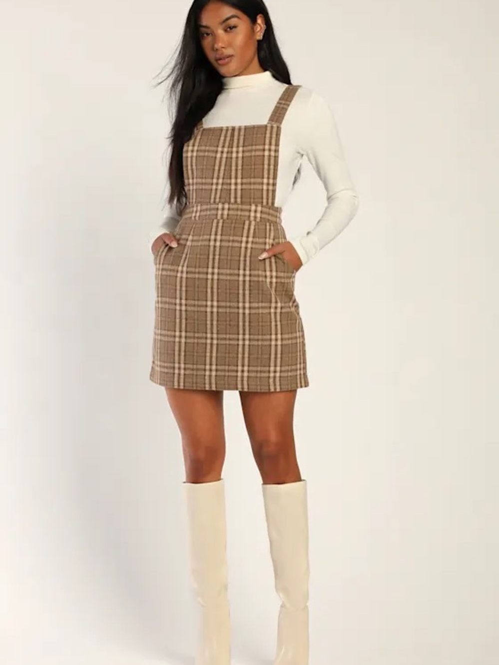 Lulu's Plaid to Be Yours Beige and Brown Plaid Pinafore Mini Dress